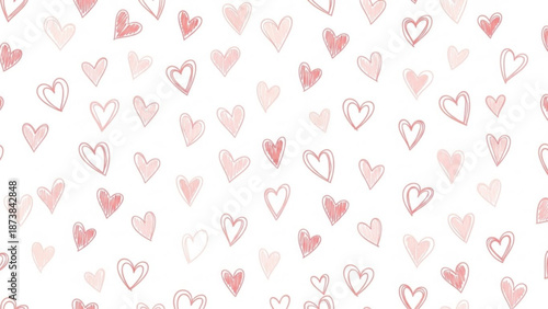 The heart pattern features various pink and red hearts scattered across a white background.