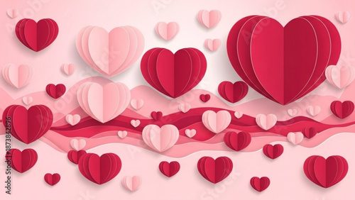 The beautiful paper cutout hearts are arranged artfully on a pink background for Valentine's Day celebration