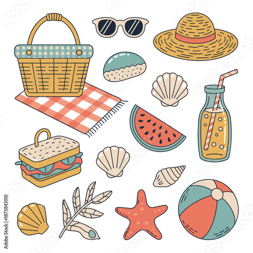 Sun-filled hand-drawn summer items including a picnic basket, blanket, sandwich, juice, sunglasses, beach hat, and seashells.