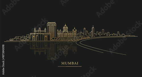Gold line illustration of Mumbai city skyline at night with reflection on water against black background.