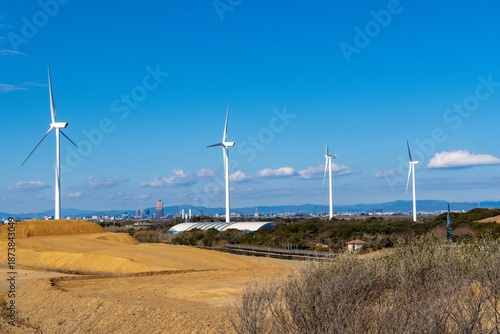 静岡県磐田市 冬の掛塚灯台付近の風車群
