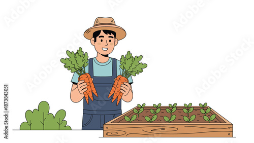 Farmer holding fresh carrots next to garden bed vector illustration