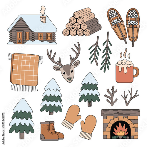 Cozy winter cabin and outdoor life elements including a log cabin, firewood, snowshoes, plaid blanket, hot cocoa, deer head, and a fireplace setup.