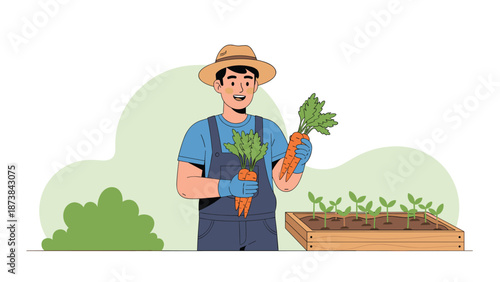 Happy male farmer holding fresh carrots in garden vector illustration