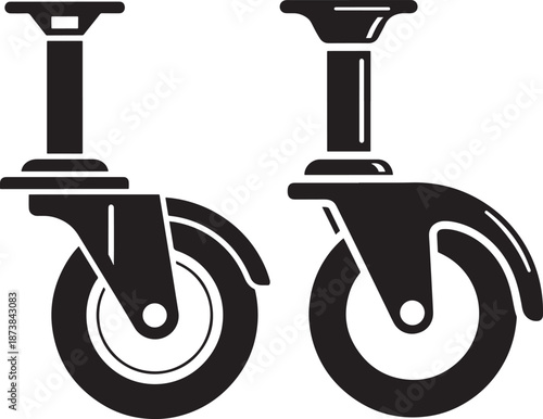 Industrial caster wheel silhouettes, set of two black heavy-duty swivel furniture wheels for mobility and transport design, isolated on white
