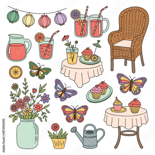 Summer garden party and outdoor furniture collection featuring a wicker chair, floral arrangements, cupcakes, lemonade, and butterflies on white.