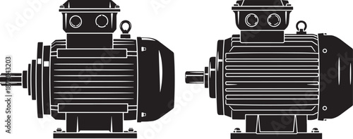 Industrial electric motor silhouettes, set of two black engineering machine icons for power and manufacturing concepts, isolated on white