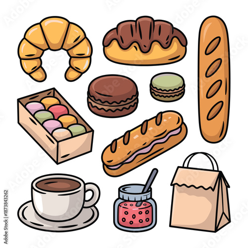 French bakery and pastry selection featuring croissants, baguettes, macarons, eclairs, jam, coffee, and a paper bag on white background.