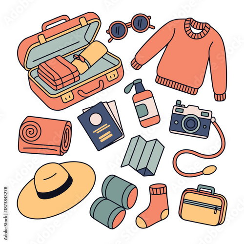 Travel essentials and packing list items including a suitcase, passport, camera, sunglasses, sweater, map, sunscreen, and accessories for a trip.