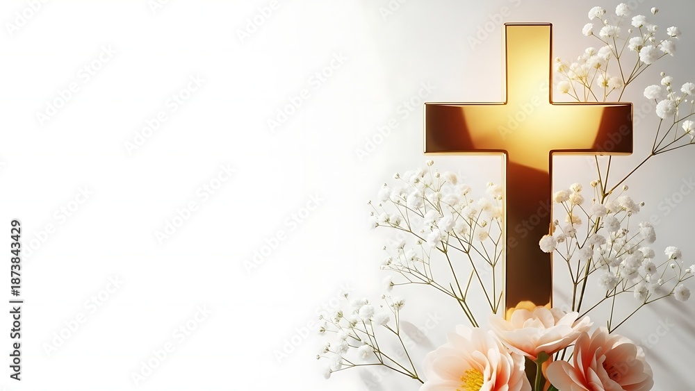 Fototapeta premium Golden christian cross with white floral arrangement on white background