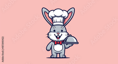 Illustration of a cheerful cartoon rabbit wearing a chef's hat and bow tie, holding a covered dish against a soft pink background.