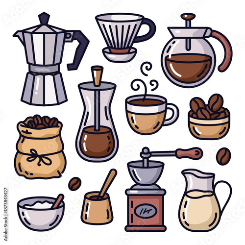 Coffee brewing methods and barista tools featuring a moka pot, french press, dripper, grinder, coffee beans, and a cup of steaming coffee.
