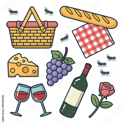 Romantic picnic and outdoor dining elements featuring a basket, baguette, wine, cheese, grapes, rose, and ants on a checkered blanket.