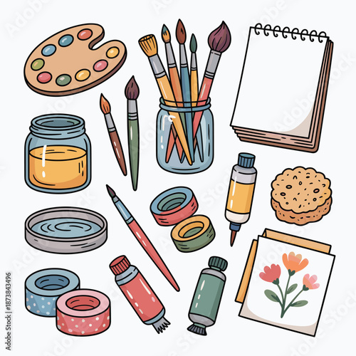 Fine art painting and craft supplies including a palette, brushes, jars of paint, sketchbook, glue, sponge, and colorful tapes on white background.