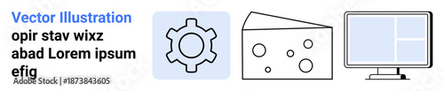 Gear icon, cheese triangle, and desktop monitor symbolize innovation, productivity, culinary themes. Ideal for tech, automation, food industry, workplace design strategy presentations simple