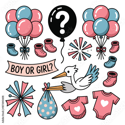 Gender reveal and baby shower celebration items including balloons, stork, baby clothes, booties, and a mystery question mark balloon.