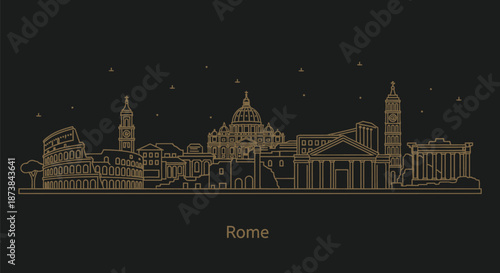 Golden line illustration of Rome skyline at night on black background with stars