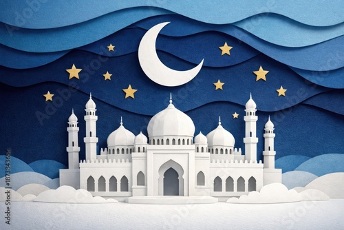 A white mosque with towers under a crescent moon and stars against a textured blue and white sky illustration is presented