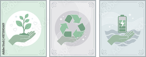 Sustainable lifestyle concept illustration set with green hand holding plant, recycling symbol, and renewable energy battery icons
