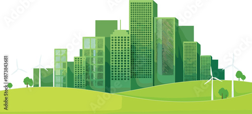 Green sustainable city illustration with eco skyscrapers, renewable energy wind turbines, and environmental urban landscape