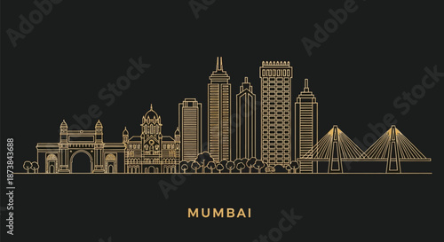 Golden illustration of Mumbai city skyline at night with prominent buildings and bridge against a black background.