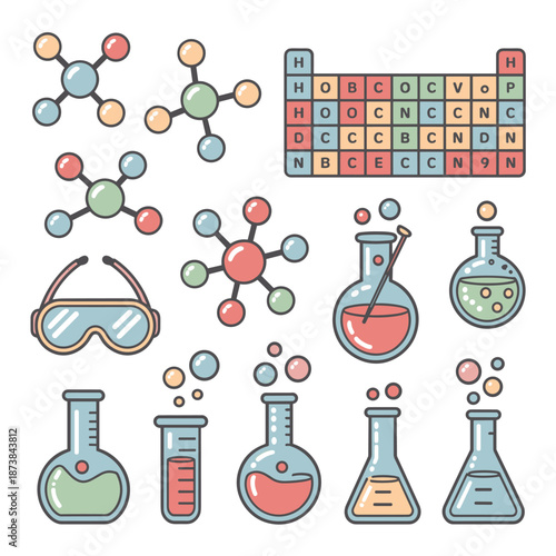 Educational science icons set including molecular models periodic table safety goggles and laboratory flasks with colorful chemicals.