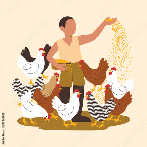 Farmer feeding a flock of various chickens with grain in a poultry yard during a typical day of sustainable farm life and animal care.