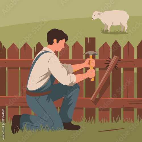 Farmer kneeling down to repair a rustic wooden fence using a hammer while a sheep grazes peacefully in the distant green field.