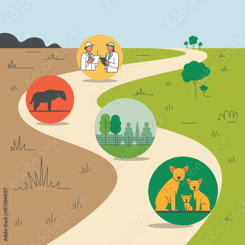 Infographic path with circular icons representing animal health conservation and veterinary science through a green and brown landscape.