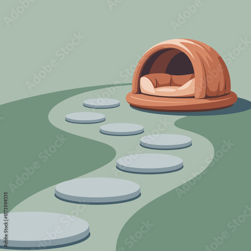 Stone stepping path leading across a green lawn to a cozy dome shaped outdoor pet bed or shelter for domestic animal comfort.