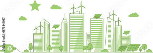 Green eco city skyline illustration, renewable energy buildings with wind turbines, solar panels, electric power, sustainable future