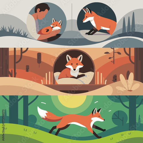 Three panel illustration showing the stages of a fox being rescued by a human living in a den and finally running free in the wild.