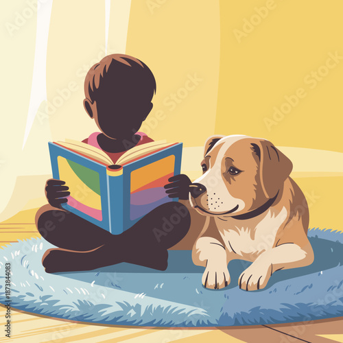 Silhouette of a child sitting on a fluffy blue rug and reading an illustrated book to their attentive and loyal pet dog at home.