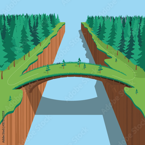High angle view of a green wildlife crossing bridge covered in trees spanning over a highway that cuts through a thick evergreen forest.