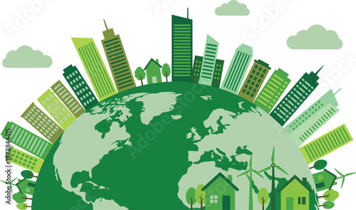 Green global city illustration, sustainable urban skyline on planet Earth with renewable energy, eco houses, environmental concept