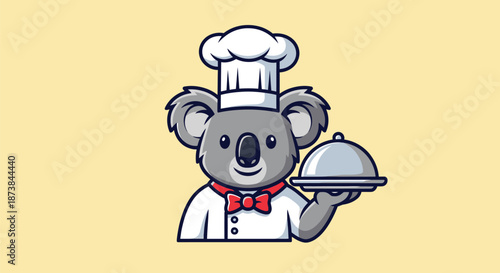 A cartoon koala in a chef's hat and red bow tie holding a covered serving dish on a yellow background.