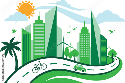 Green sustainable city illustration, eco urban skyline with wind turbines, clean transport, renewable energy, modern environment concept