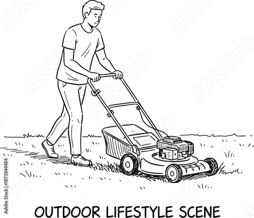 A vector illustration of a man operating a lawnmower, precisely cutting tall grass in a neat line.
Happy Gardener Mowing the Lawn: A Black and White Sketch Illustration
