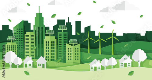 Green eco city illustration, sustainable skyline with wind turbines, solar panels, renewable energy, clean environment, climate friendly future