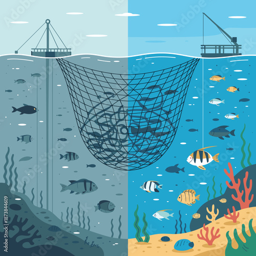 Split view comparing a healthy coral reef with fish to a polluted seabed with a fishing net capturing a mass of tangled creatures.