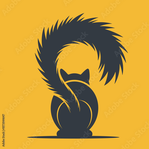 Stylized silhouette of a cat from behind with a large bushy tail curled upwards in a crescent shape against a yellow background.