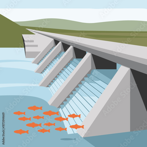 Large concrete hydroelectric dam with water flowing through spillways and a fish ladder allowing orange fish to swim upstream.