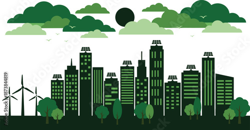 Green sustainable city illustration, eco skyline with solar panels, wind turbines, renewable energy buildings, clean environment, future urban concept