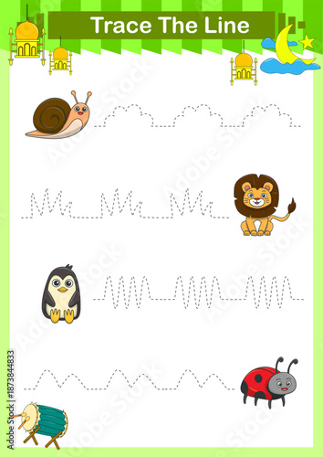 Handwriting Practice. Tracing lines for kids with animals. Vector Illustration