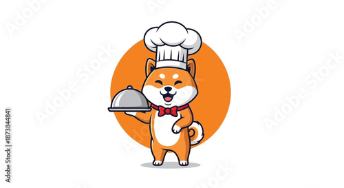 A cartoon Shiba Inu dog wearing a chef's hat and bow tie holds a covered serving dish against an orange circle on a white background.
