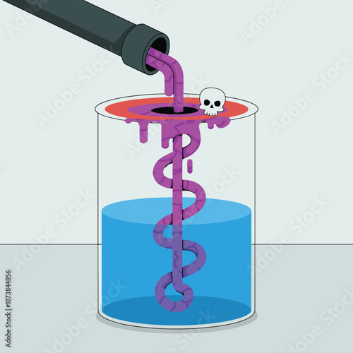 Toxic purple liquid flows from a black pipe into a beaker filled with blue water featuring a warning skull symbol.