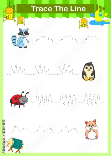 Handwriting Practice. Tracing lines for kids with animals. Vector Illustration