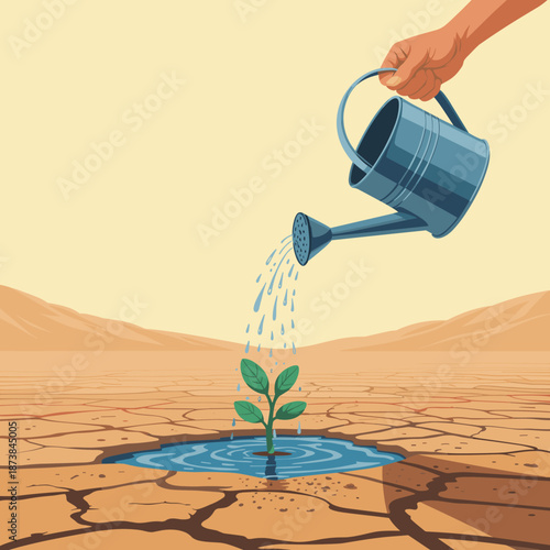 Hand uses a metal watering can to pour water on a small green plant sprout growing in a cracked dry desert landscape.
