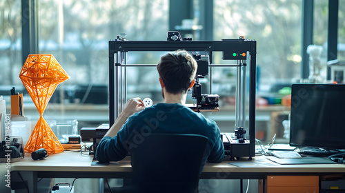 A person crafting a product using a 3D printer in a well-lit workspace.