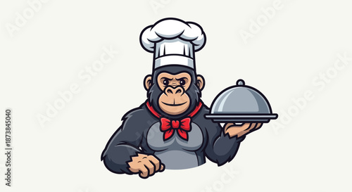 Cartoon gorilla wearing chef's hat and bow tie holding a covered serving dish on a plain background.